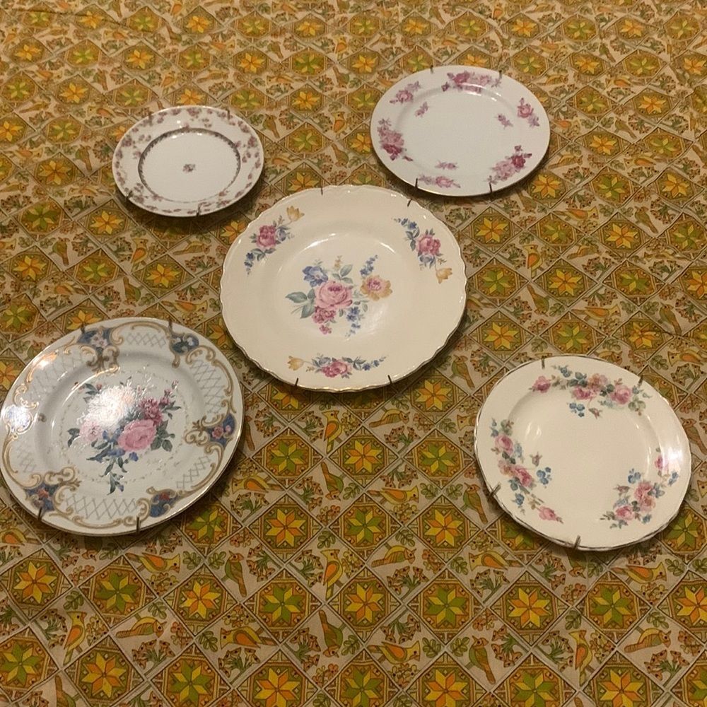 Set of 5 Vintage Floral Plates with Wall Hangers